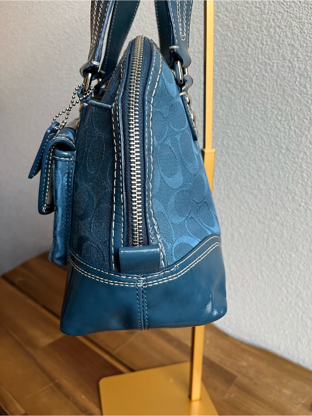 Coach Teal Signature Jacquard Satchel with Front Turn-Lock - Picture 15 of 16